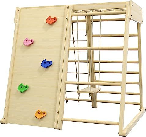 the climbing wall is made from wood and has colorful plastic knobs on each side