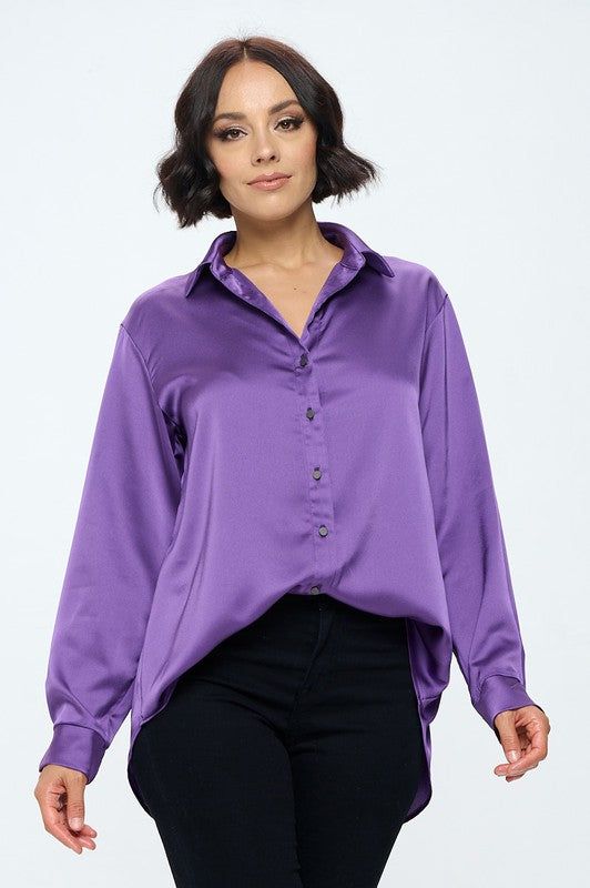 Made in USA Stretch Satin V neck Blouse with Collar. Available in other Colors. Fabric content: 97% Polyester, 3% Spandex. Style: casual, formal, work Print / Pattern: solid Silhouette: button up shirt Fit: regular Neck Line: v neck, collar Sleeve: longsleeve Closure: buttons Lining: no Made In: Made in U.S.ASize Measurement (inch): S: 20.5 (Bust), 22.0 (Waist), 25.0 (Hips), 26.5 (Length) M: 21.5 (Bust), 23.0 (Waist), 26.0 (Hips), 27.0 (Length) L: 22.5 (Bust), 24.0 (Waist), 27.0 (Hips), 27.5 (Le Formal V-neck Solid Color Tops, Chic Solid Color Blouse With Collared Neckline, Chic Solid Blouse With Collared Neckline, Purple V-neck Blouse For Formal Occasions, Sleek Blouse With Button Closure, Formal Stretch Blouse, Solid Stretch Blouse For Formal Wear, Stretch Blouse For Formal Occasions, Stretch Blouse With Button Closure