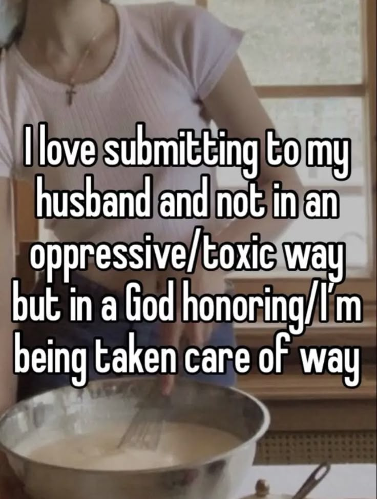 a woman standing in front of a pan with food on it and the words i love subming to my husband and not in an oppressive