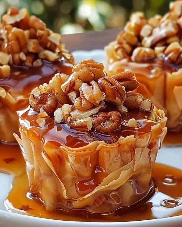 three desserts on a plate with caramel sauce drizzled over them