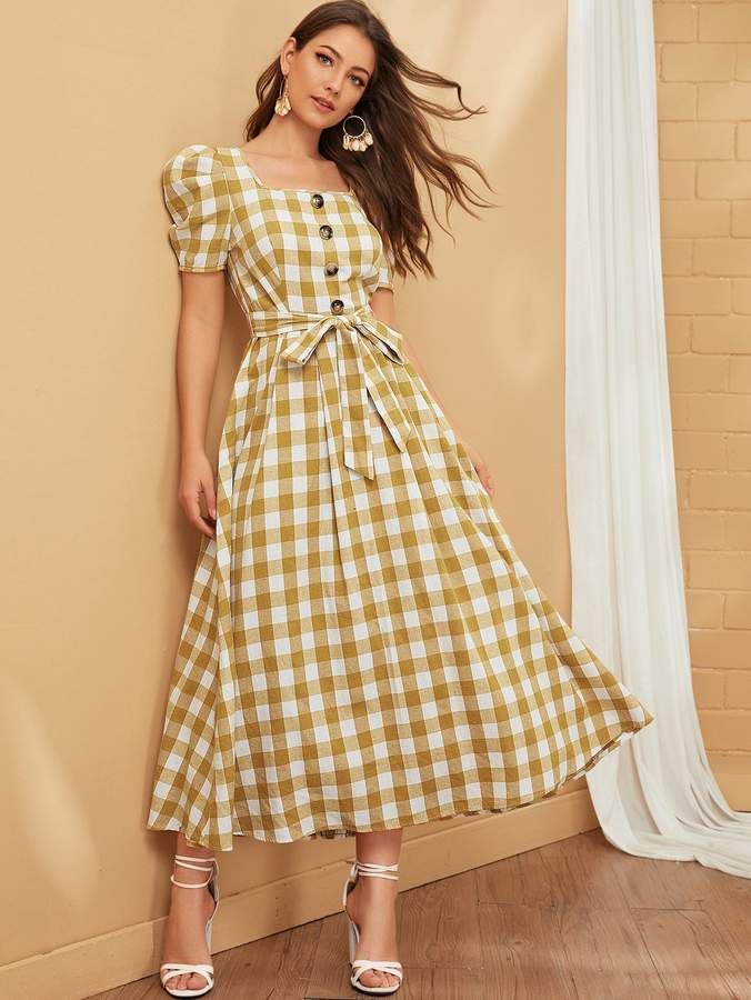 Checkered Dress, Puff Sleeve Dress, Cotton Fashion, Puff Sleeve Dresses, Puffed Sleeves Dress, Gingham Dress, Women Dresses, Stylish Dresses, Cotton Dresses