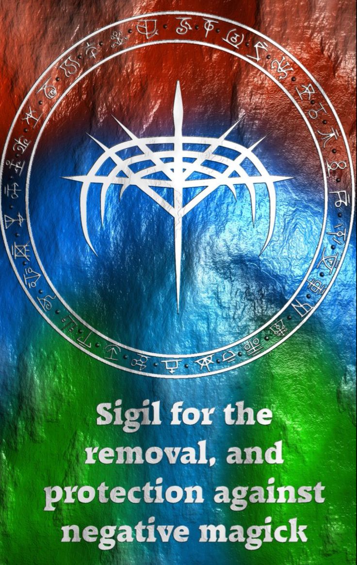 the seal for the removal, and protection against negative magick is shown on a colorful background