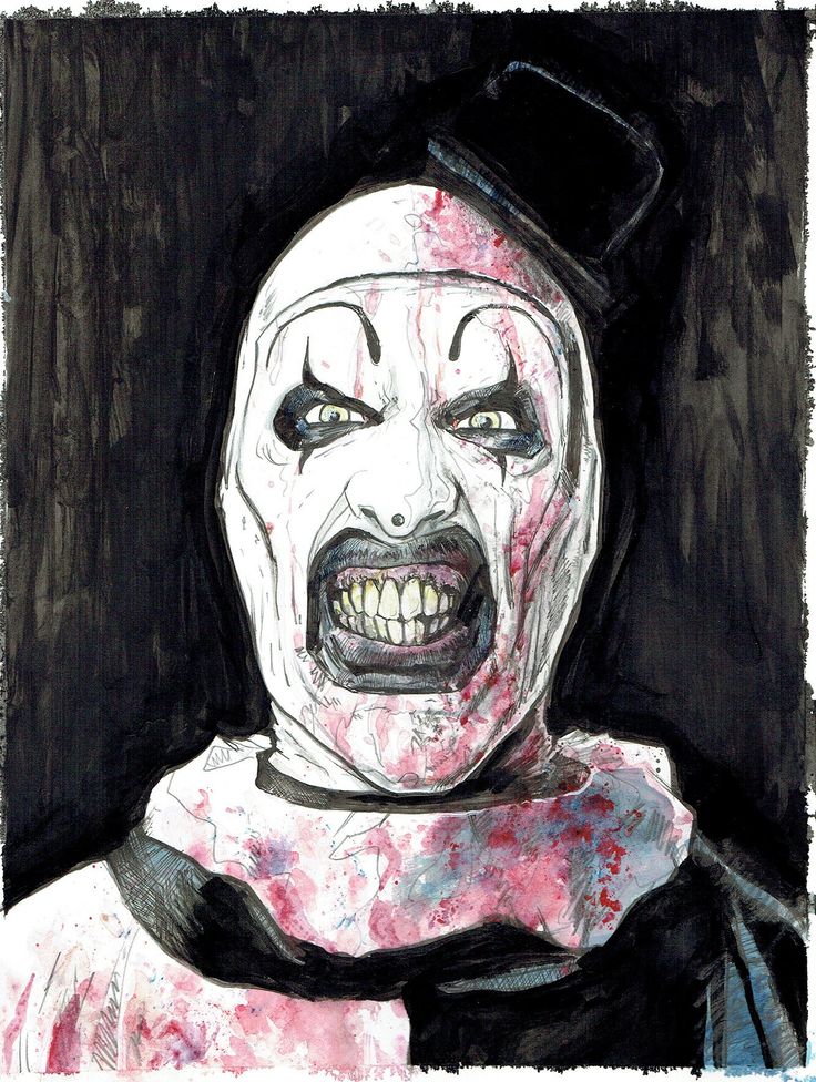 a drawing of a creepy clown with blood all over his face