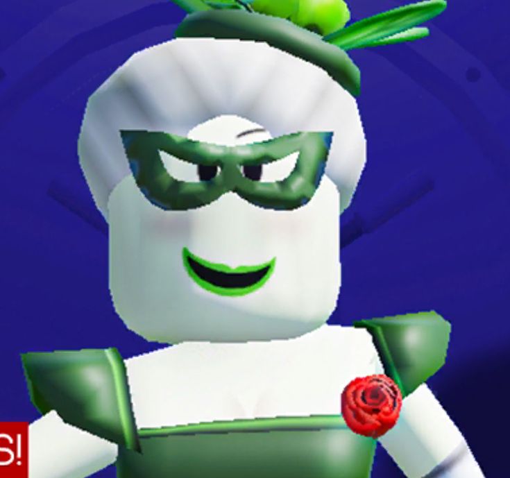 the lego movie character is dressed in green and white attire with a red rose on his head