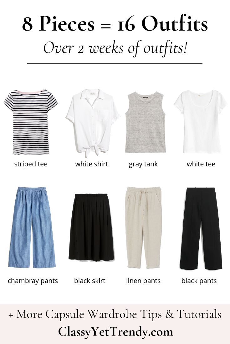 8 Pieces = 16 Outfits: French Minimalist Carry-On Travel Capsule Wardrobe - Classy Yet Trendy These 8 pieces in The French Minimalist Capsule Wardrobe: Summer 2019 Collection will make 16 outfits outfit idea! You can pack these items in a carry-on suitcase for your next vacation and wear a different outfit for over 2 weeks. #traveltips #travelhacks #traveloutfit #packinglist #capsulewardrobe #outfitoftheday #outfitideas #vacationoutfits #packingtips Travel Outfits Minimalist, Artistic Summer Outfits, European Travel Capsule Wardrobe, Active Travel Outfits, 7 Day Travel Capsule Wardrobe, Germany Travel Outfits Summer, Comfortable Spring Outfits, Carry On Outfits, Weekend Travel Outfits