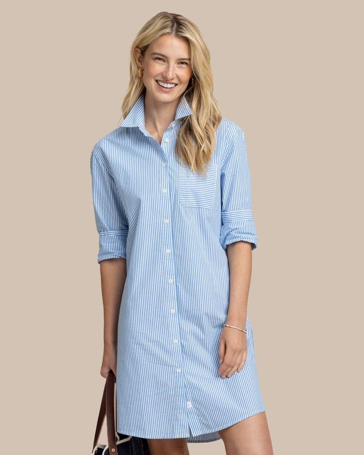 The front view of the Southern Tide Cam Stripe Poplin Dress by Southern Tide - Blue Fin Poplin Shirt Dress, Look Polished, Polished Style, Sophisticated Dress, Poplin Dress, Cute Swimsuits, Comfy Sweaters, Womens Size Chart, Quarter Zip Pullover