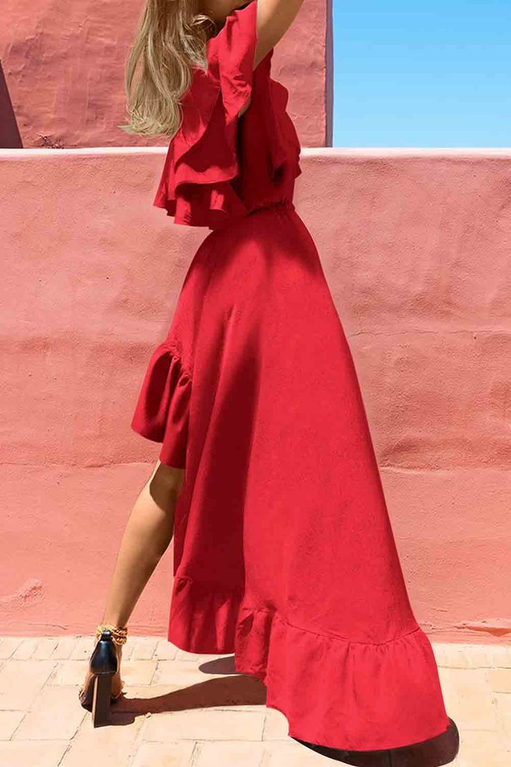 Red One Shoulder Ruffle High Low Maxi Dress Red Maxi Dress, High Low Maxi Dress, Red Maxi, Crop Top Sweatshirt, Red Dress Maxi, Flowy Maxi Dress, Chambray Dress, Gowns With Sleeves, Red One