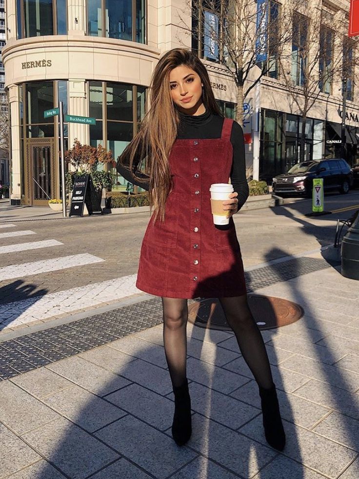 Courderoy Dress Outfits Fall, Maroon Overalls Outfit, Red Overall Dress Outfit, Red Denim Dress, Curdoroy Dress Outfits, Dungaree Dress Outfit Winter, Winter Outfit Teacher, Vest Dress Outfits For Women, Corduroy Dress Outfit Fall