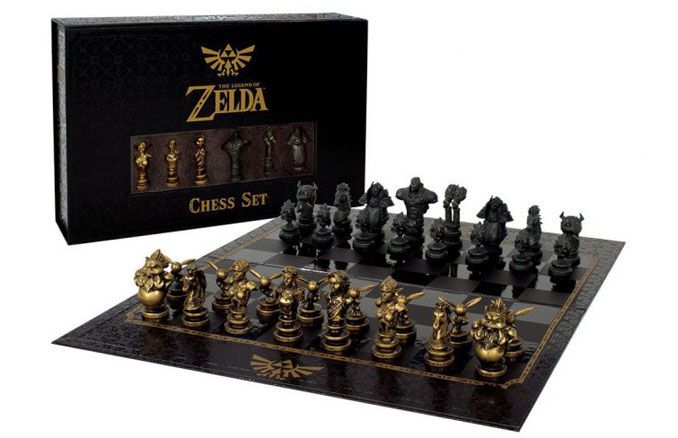 the legend of zelda chess set is shown in front of an open black box