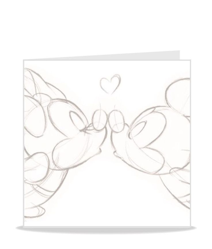 a drawing of mickey and minnie's faces in the shape of hearts on a card