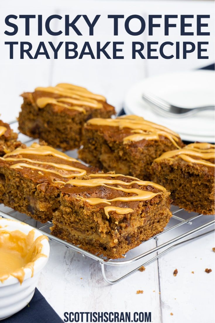 sticky toffee tray bake recipe with caramel drizzle on top