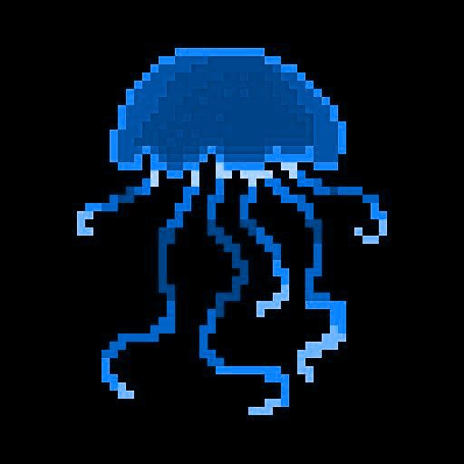 an image of a blue jellyfish in pixel art style on black background with text underneath it