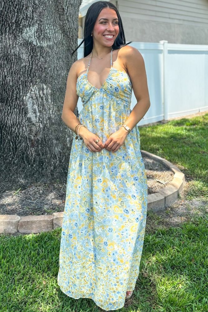 Floral Maxi Dress | Sophie & Trey Cute Trendy Dresses, Blue Floral Maxi Dress, Online Clothing Boutiques, Dress Store, Crop Top Sweater, Maxi Dresses Casual, Bodycon Midi, Brown Floral, Floral Romper