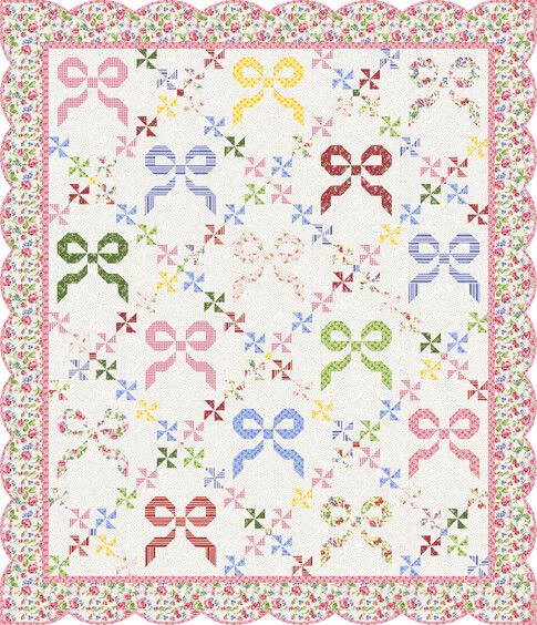 a quilt with bows and ribbons on the border is shown in pink, green, blue,