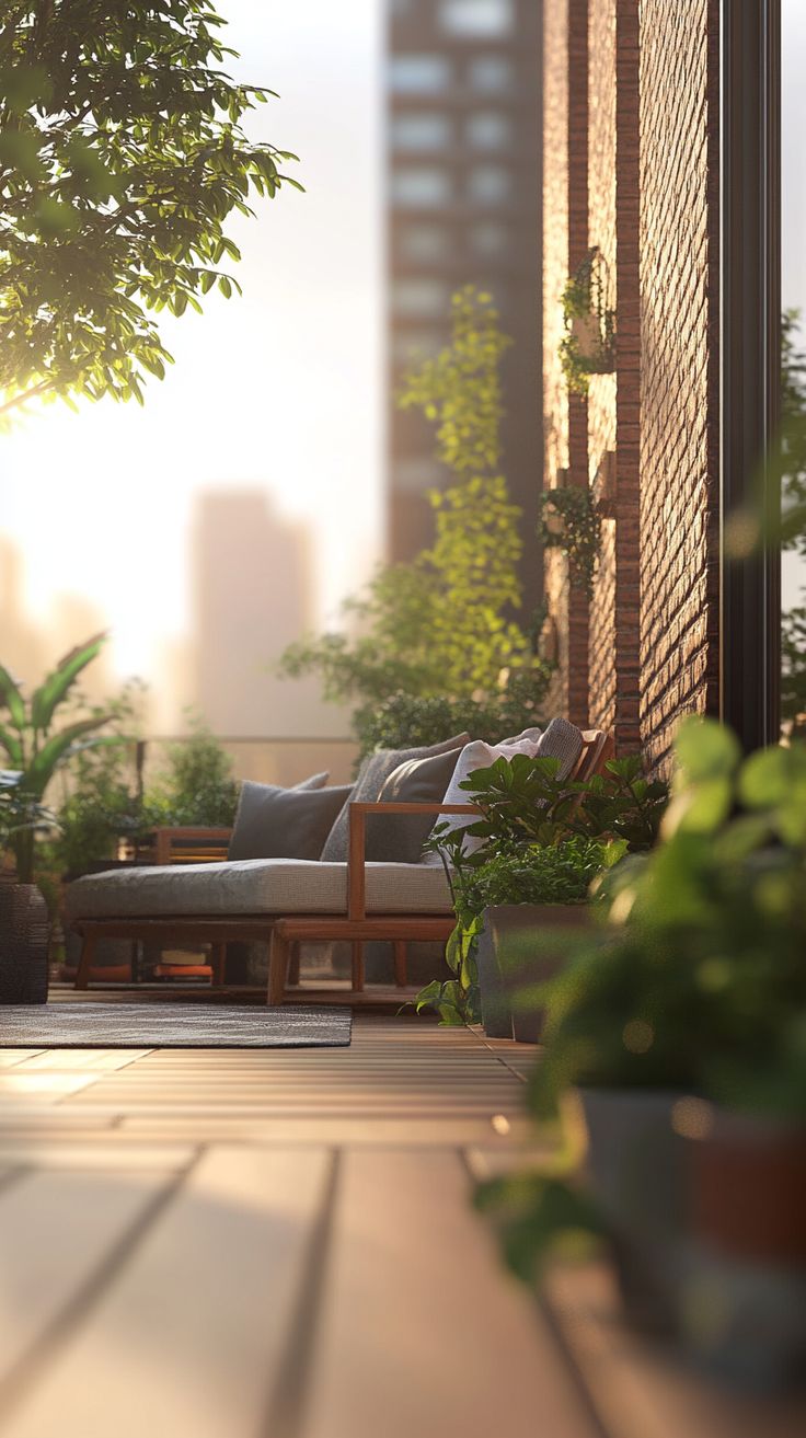 the sun shines through the window onto a patio with couches and potted plants