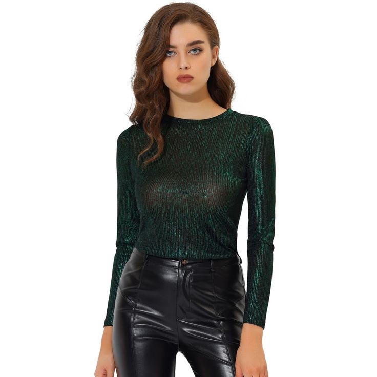 The metallic fabric adds multi-shine to this comfy and casual puff-sleeve top. Patterned in metallic, this round-neck shirt is suitable for a night out, club, and parties. Wear it with wide-leg trousers or style it with leather leggings and heels for the evening. It's designed with a round neck and puff sleeves and it has textured fabric that sets it apart from a more simplistic style. Evening Stretch Glitter Tops, Glamorous Christmas Tops For Night Out, Sparkling Stretch Tops For Party, Sparkling Stretch Top For Party, Sparkling Stretch Party Tops, Glitter Tops For Winter Night Out, Glamorous Christmas Party Tops, Glamorous Green Tops For Evening, Glitter Blouse For Night Out In Fall