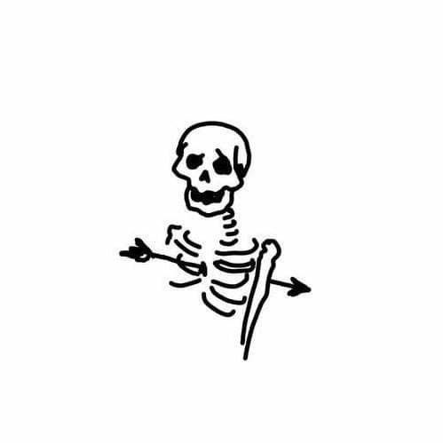 a drawing of a skeleton holding an arrow in its right hand and pointing to the left