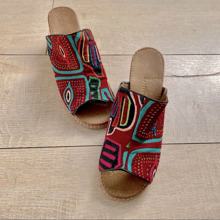 Boho, Tribal Print Mule Style Sandals. Euro Size 37, 6.5-7 Usa. 2.5” Heels. Nwot Multicolor Round Toe Mules For Summer, Red Slip-on Wedge Sandals For Vacation, Multicolor Slip-on Beach Mules, Multicolor Slip-on Mules For Beach, Red Summer Sandals With Removable Insole, Multicolor Open Toe Clogs For Summer, Multicolor Open Toe Mules For Summer, Beach Sandals With Wooden Heel And Round Toe, Red Open Heel Wedge Sandals For Summer