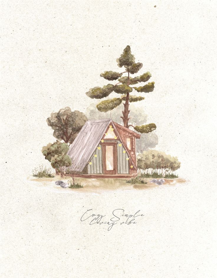 Cozy Cabin Aframe house on the edge of the forest,  watercolor illustration by Createssy. Beige neutrals colors Cozy Watercolor Illustration, Cottage In The Woods Illustration, Wood Cabin Illustration, Cabin In Woods Drawing, Cozy Cabin Illustration, Cabin Watercolor Painting, Watercolor Cabin In The Woods, Cozy Watercolor Painting, Cabin In The Woods Drawing