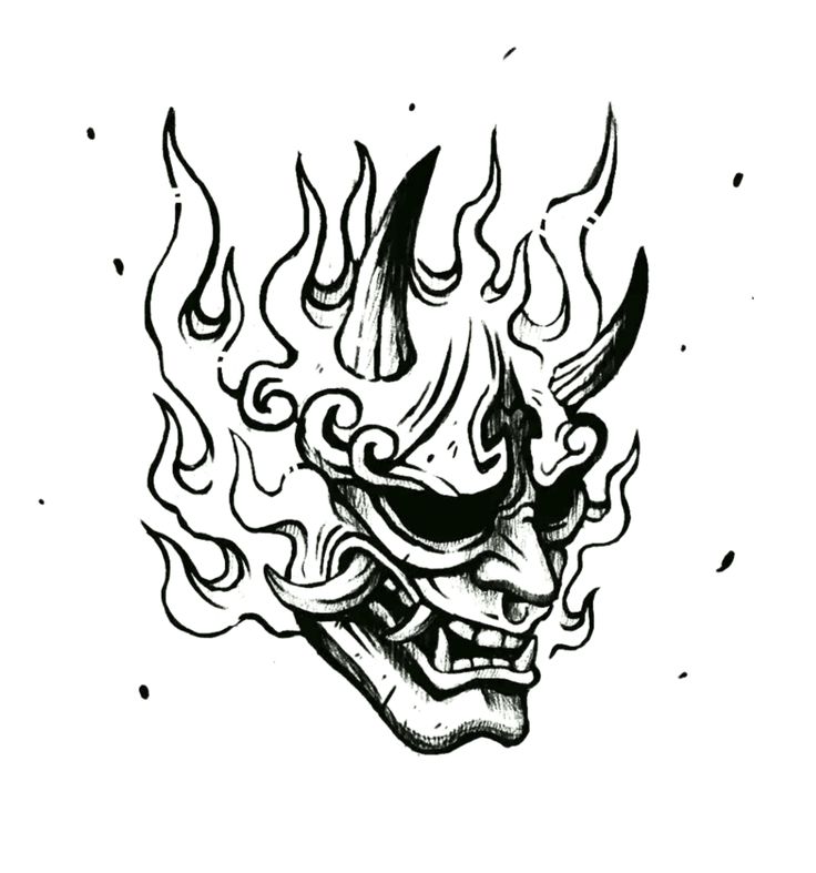 a black and white drawing of a skull with flames on it's face, in the shape of a demon