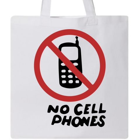 a sign that says no cell phones in black and red on a white background with an image of a phone