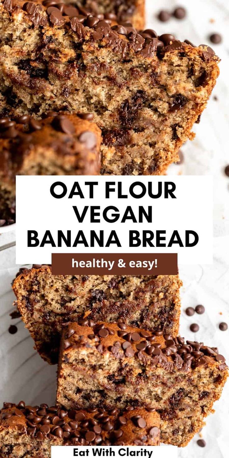 oat flour vegan banana bread is stacked on top of each other with chocolate chips