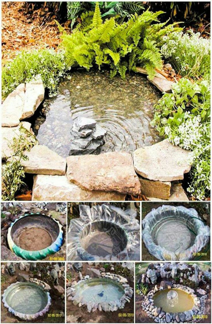 several pictures of different types of water features in the garden, including rocks and plants