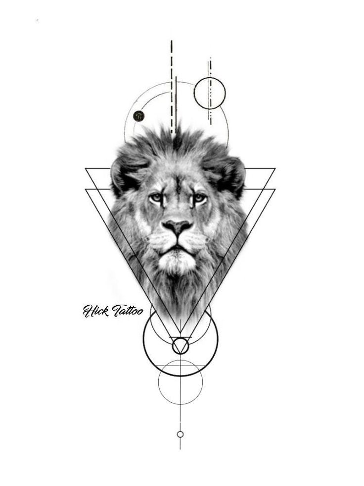 a black and white drawing of a lion's face with geometric shapes around it