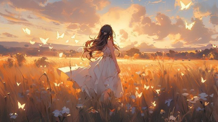 a girl is walking through a field with butterflies flying above her and looking at the sunset