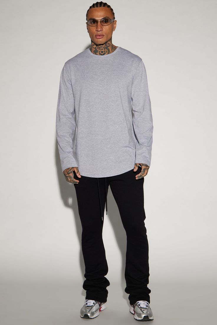 Model Height: 6'2 - Wearing Large Big & Tall: Height 6'3 - Wearing XXXL Available In Black, Burgundy, Grey, Navy, Olive And White Crew Neck Long Sleeve 90% Cotton 10% Viscose Imported | Mens Essential Long Sleeve Scallop Tee Shirt in Grey size Small by Fashion Nova Tall Height, White Crew Neck, Mens Essentials, Grey Fashion, Black Border, Big & Tall, Solid Black, Fashion Nova, Tee Shirt