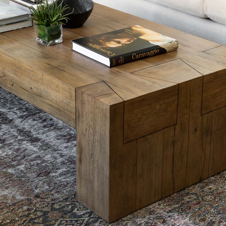 a coffee table with a book on it and a potted plant in the corner