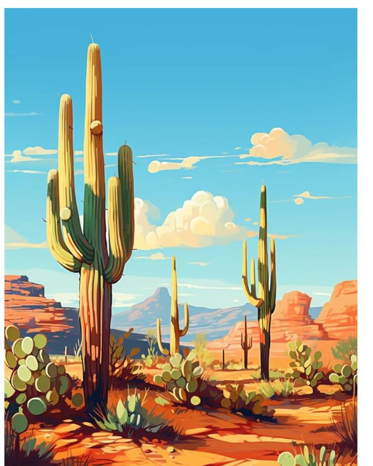 a desert scene with cactus trees and mountains in the background