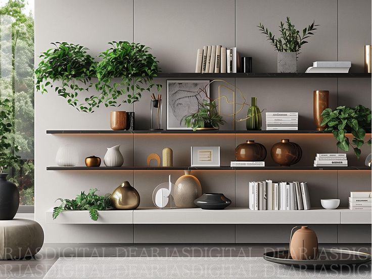 a living room filled with lots of furniture and plants on top of bookshelves