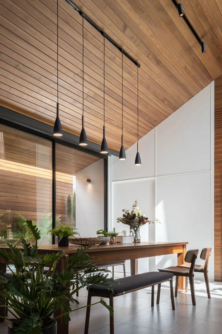 a dining room table and chairs with plants in the center, along with hanging lights