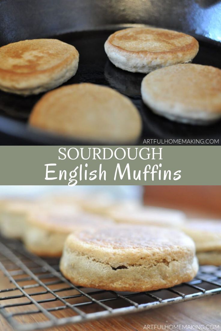 english muffins cooking in a cast iron skillet with text overlay that reads, sourdough english muffins