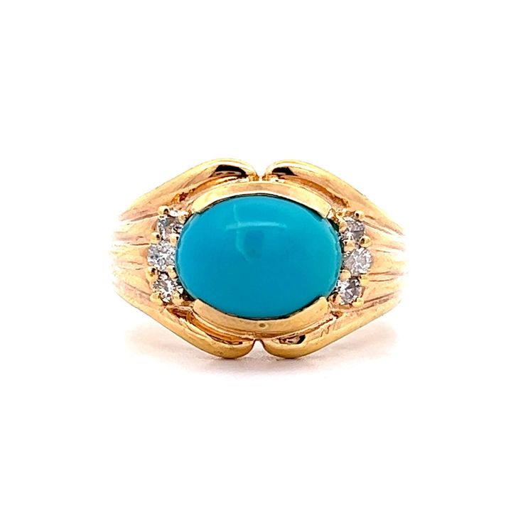 Turquoise & Diamond Cocktail Ring in 14k Yellow Gold This modern statement ring is perfection...Not too big, not too small.  Crafted in 14 karat yellow gold, this partial bezel set cocktail ring features a 2.92 carat cabochon cut turquoise stone accented by a six (6) diamonds with a total weight of .18 carats. Bright and bold, this ring is a stunning addition to any jewelry collection. PRIMARY STONE Stone: Turquoise Shape: Cabochon Weight: 2.92 ct Measurements: 9.95 mm x 7.45 mm x 5.41 mm ACCENT Classic Turquoise Ring For Formal Occasions, Classic Formal Turquoise Ring, Formal 14k Gold Turquoise Blue Ring, Elegant Turquoise Gemstone Signet Ring, Formal 14k Gold Turquoise Ring Fine Jewelry, Formal 14k Gold Turquoise Ring, Diamond Cocktail Ring, Diamond Cocktail Rings, Shop Engagement Rings