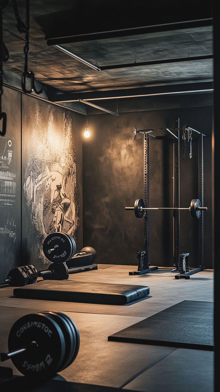 an empty gym room with black walls and flooring