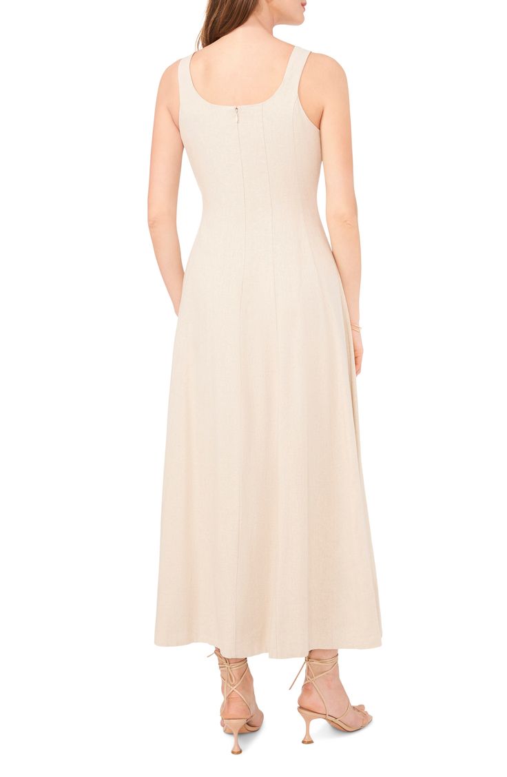 Structured pleats and a square neck add modern sophistication to a linen-blend maxi dress cut to an ankle-grazing length. 55" length (size Medium) Hidden back-zip closure Square neck Sleeveless Lined 55% linen, 45% rayon Machine wash, line dry Imported