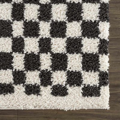 a black and white rug on top of a wooden floor with an area rug in the middle