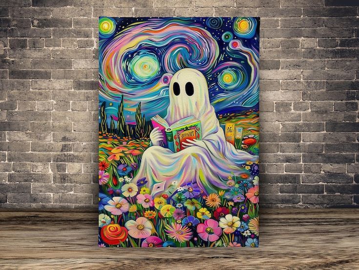 a painting of a ghost reading a book in a field with flowers and the night sky