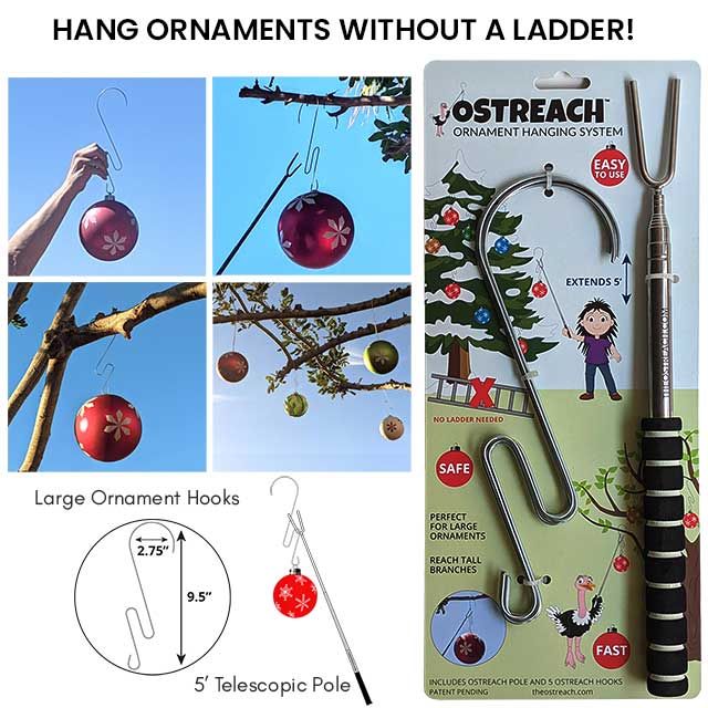 Christmas Ornament Hanging System Halloween Ornaments Tree, Ornament Hangers, Oversized Ornaments, Large Christmas Ornaments, Outdoor Trees, Hanging System, Hanging Christmas Tree, Telescopic Pole, Hanger Design