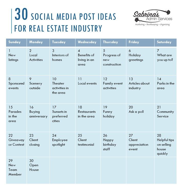 the 30 social media post ideas for real estate industry info sheet is shown in blue