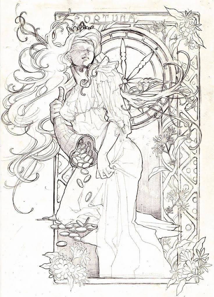 a black and white drawing of a woman holding a basket with flowers on it, in front of a wheel