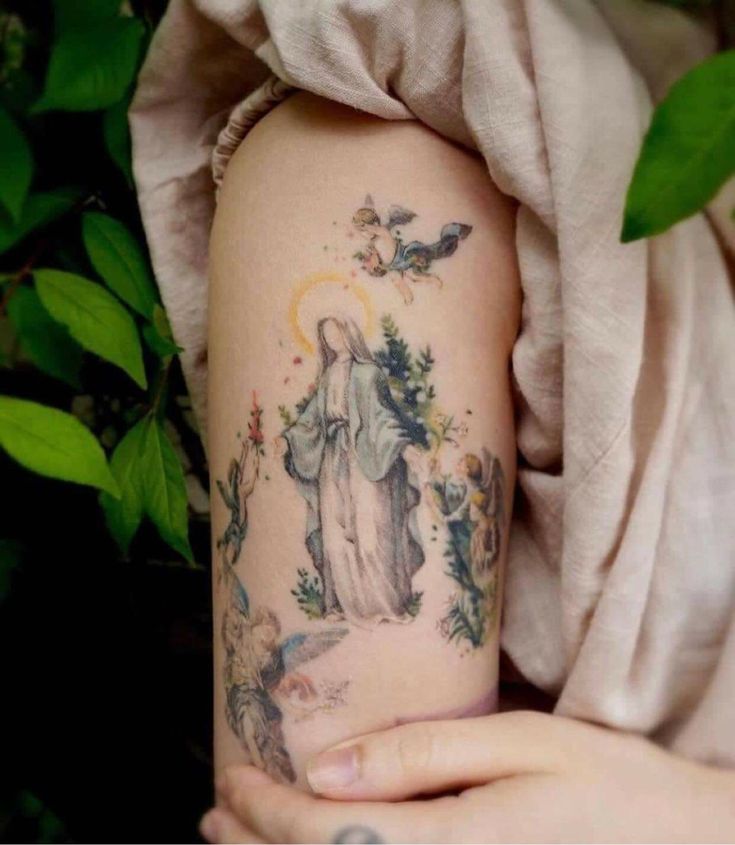 Catholic Tattoos, Mary Tattoo, Religious Tattoo, Tasteful Tattoos, Religious Tattoos, Tatuaje A Color, Subtle Tattoos, Elegant Tattoos, Simplistic Tattoos