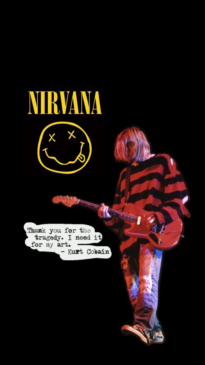 nirvana is playing guitar with his face drawn on the wall behind him and an emoticive message above it