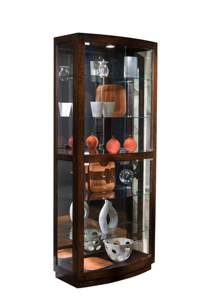 a wooden display case with glass doors on the front and bottom shelves filled with various items