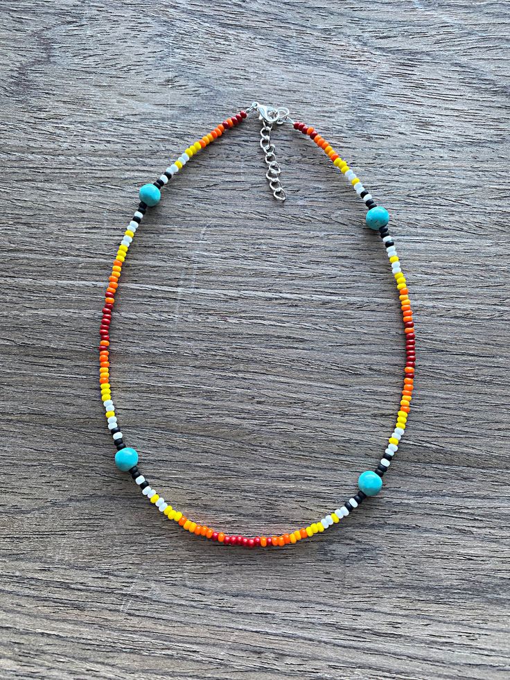 Southern Sunrise – GenzCreations Elegant Seed Bead Jewelry, Handmade Bohemian Turquoise Necklace With Heishi Beads, Handmade Southwestern Orange Beaded Necklaces, Handmade Artisan Turquoise Necklace With Heishi Beads, Southwestern Turquoise Necklace With Colorful Beads For Festival, Hand-strung Southwestern Heishi Beads, Handmade Turquoise Heishi Beads Necklace, Southwestern Style Beaded Turquoise Necklace Gift, Southwestern Style Hand-strung Heishi Beads Necklaces