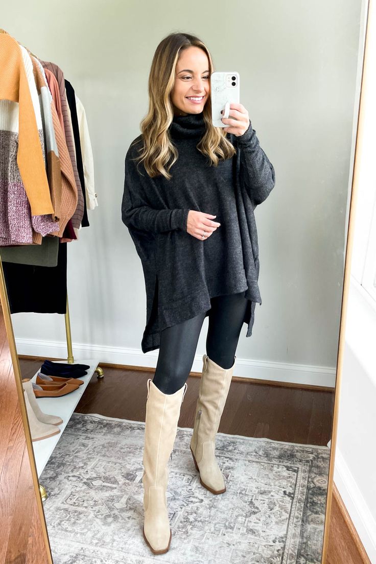 Cozy Fall Finds from Pink Lily - Pumps & Push Ups Leather Leggings Outfit Fall, Outfit With Flare Jeans, Cozy Sweater Outfits, Outfits With Flares, Tall Boots Outfit, Cozy Sweaters Outfits, Trendy Mom Outfits, Leggings Outfit Fall, Leggings Outfit Casual