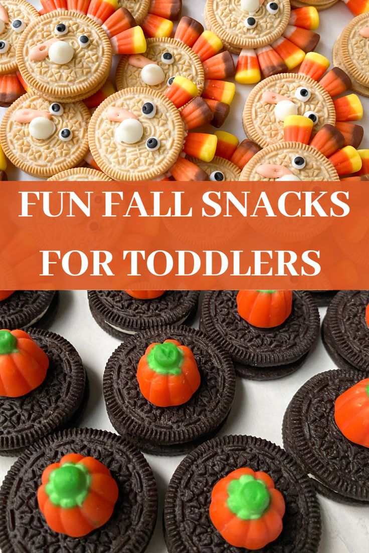 some cookies with candy on them and the words fun fall snacks for toddlers