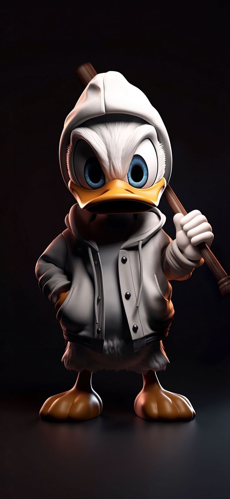 a cartoon duck holding a baseball bat and wearing a white jacket with hood on it's head